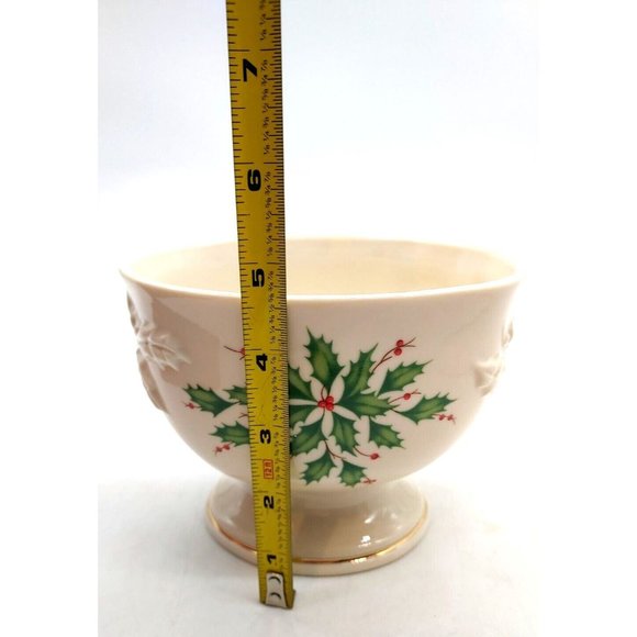 Lenox Holiday Covered Candy Dish Ivory Pedestal Bowl Holly Leaf Raised Details - Picture 4 of 7
